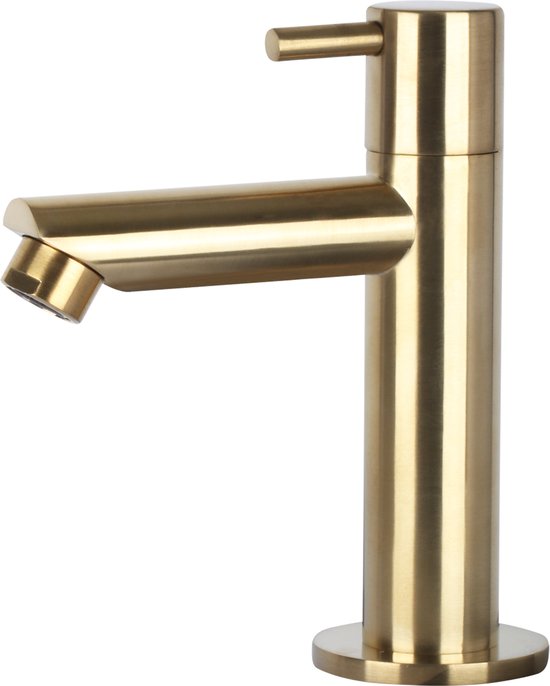 Robinet de lavabo doré, or mat, avec base cylindrique et bec droit.