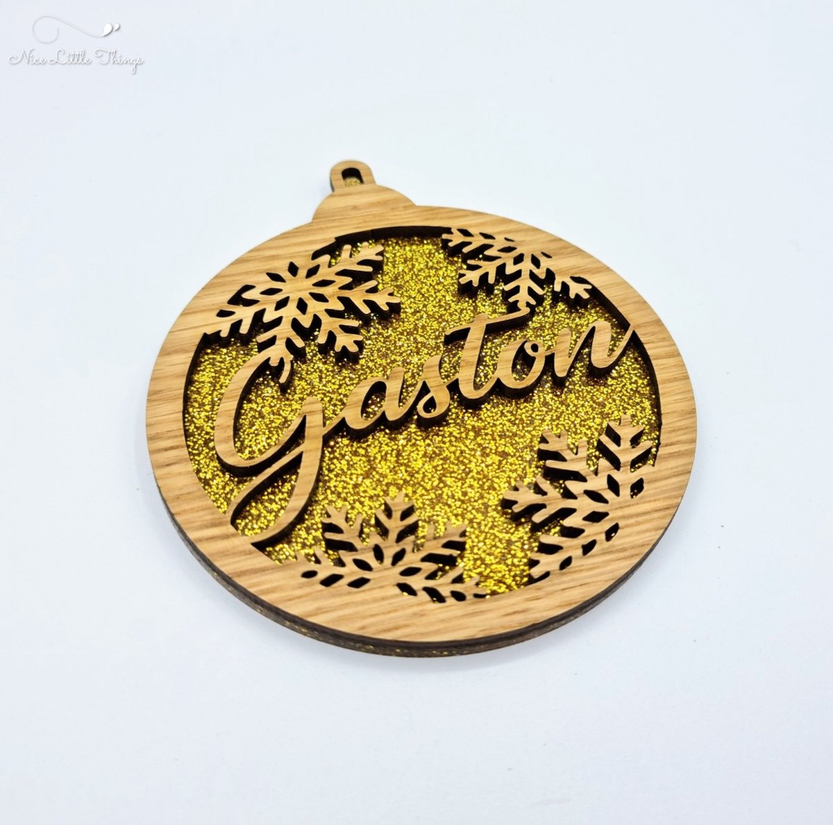 [Nice Little Things] Multilayer kerstbal glitter - Met naam - Goud - Eik