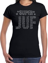 Glitter Super Juf t-shirt zwart met steentjes/ rhinestones voor dames - Lerares cadeau shirts - Glitter kleding/foute party outfit XL