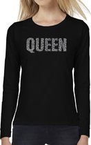 Glitter Queen longsleeve shirt zwart met steentjes/ rhinestones voor dames - Glitter kleding/ foute party outfit L