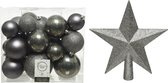 Kerstversiering kunststof kerstballen antraciet grijs 6-8-10 cm pakket van 27x stuks - Met kunststof ster piek van 19 cm