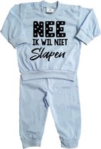 Pyjama met tekst nee ik wil niet slapen-lichtblauw-zwart-Maat 80/86