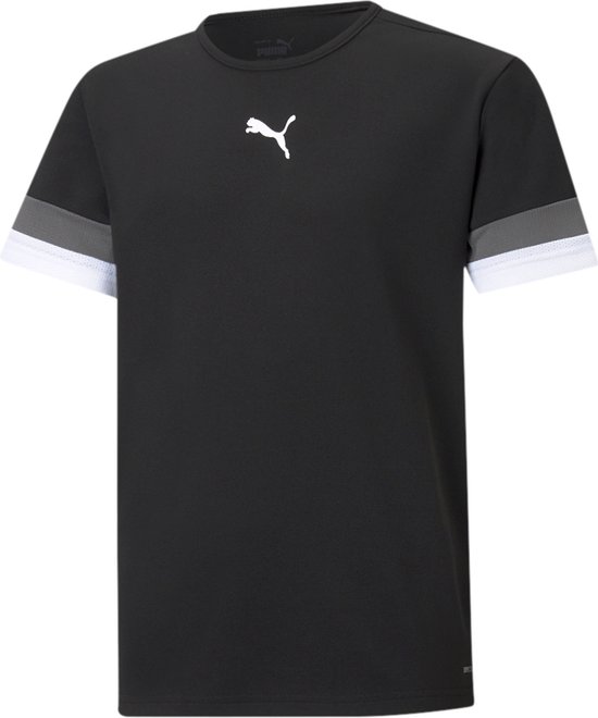 Zwart Puma junior sportshirt met witte Puma-logo's op borst en mouwen. Ronde hals, korte mouwen met grijze en witte banden.