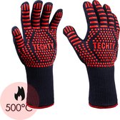 TechTy Hittebestendige BBQ & Oven Handschoenen (2 stuks) - Tot 500°C - Siliconen / Anti Slip - Extra lang - Armbescherming - Snijbestendig - Dubbel gevoerd - Rood
