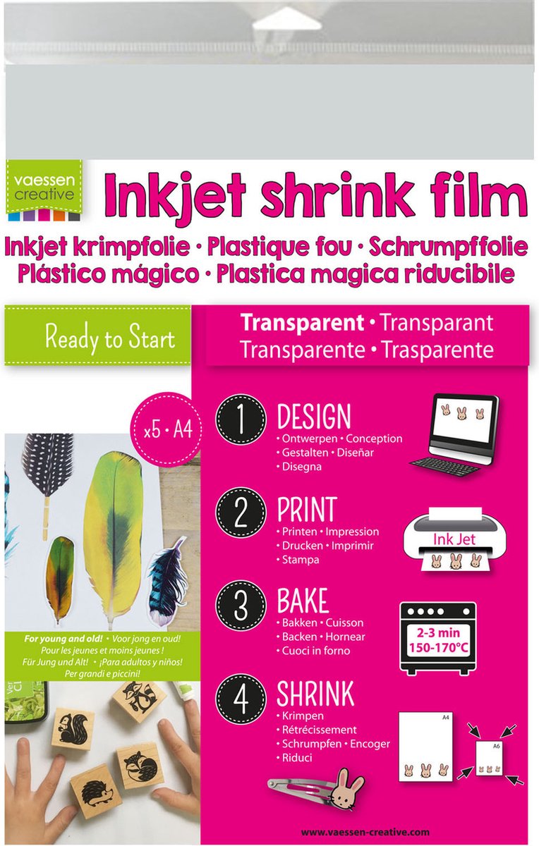 Vaessen Creative Krimpfolie voor Inkjet Printers - Transparant - Vijf Vellen met A4 Formaat