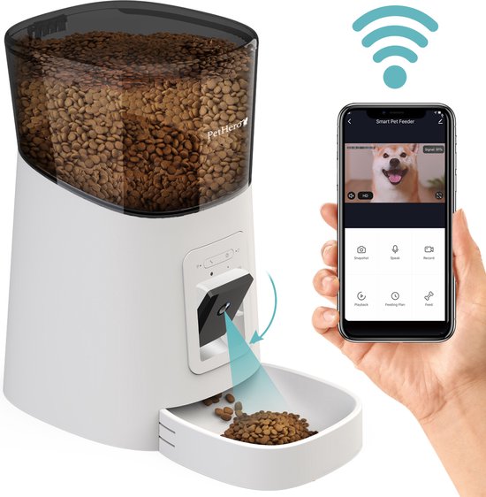 Pethero 3 Voerautomaat Wit –  Verstelbare Camera – Smartphone Besturing – Automatische Voerbak Voor Kat Of Hond – 6.0 L