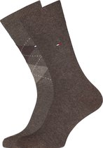 Tommy Hilfiger Check Socks (2-pack) - herensokken katoen - geruit en uni - bruin - Maat: 39-42