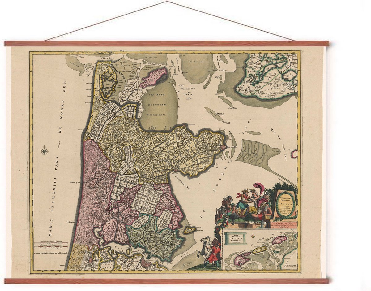 Esque Poster In Posterhanger - Historische Oude Kaart Noord-Holland - 50x70 cm - Kader Hout - Ophangsysteem - Amsterdam