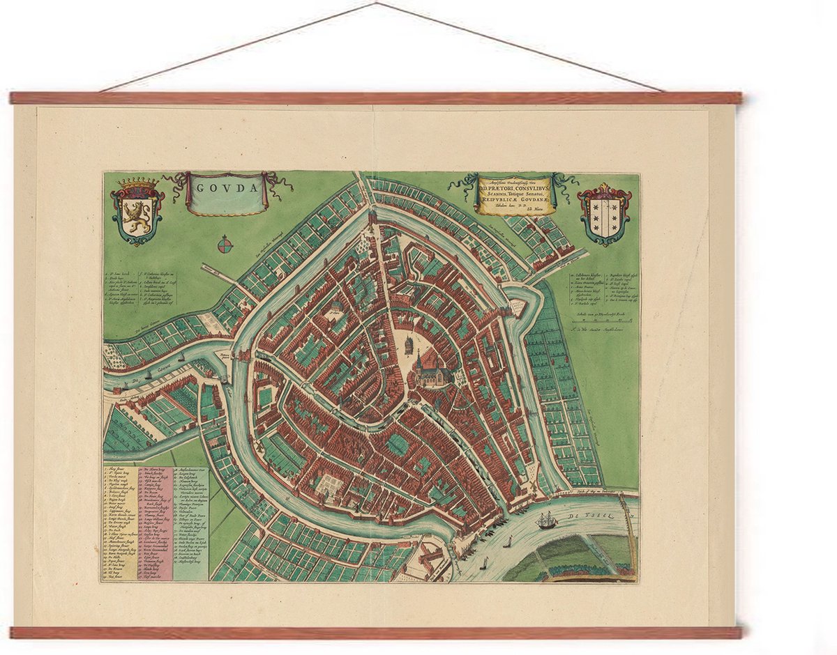Esque Poster In Posterhanger - Historische Oude Kaart Gouda - 50x70 cm - Kader Hout - Ophangsysteem - Vintage Plattegrond
