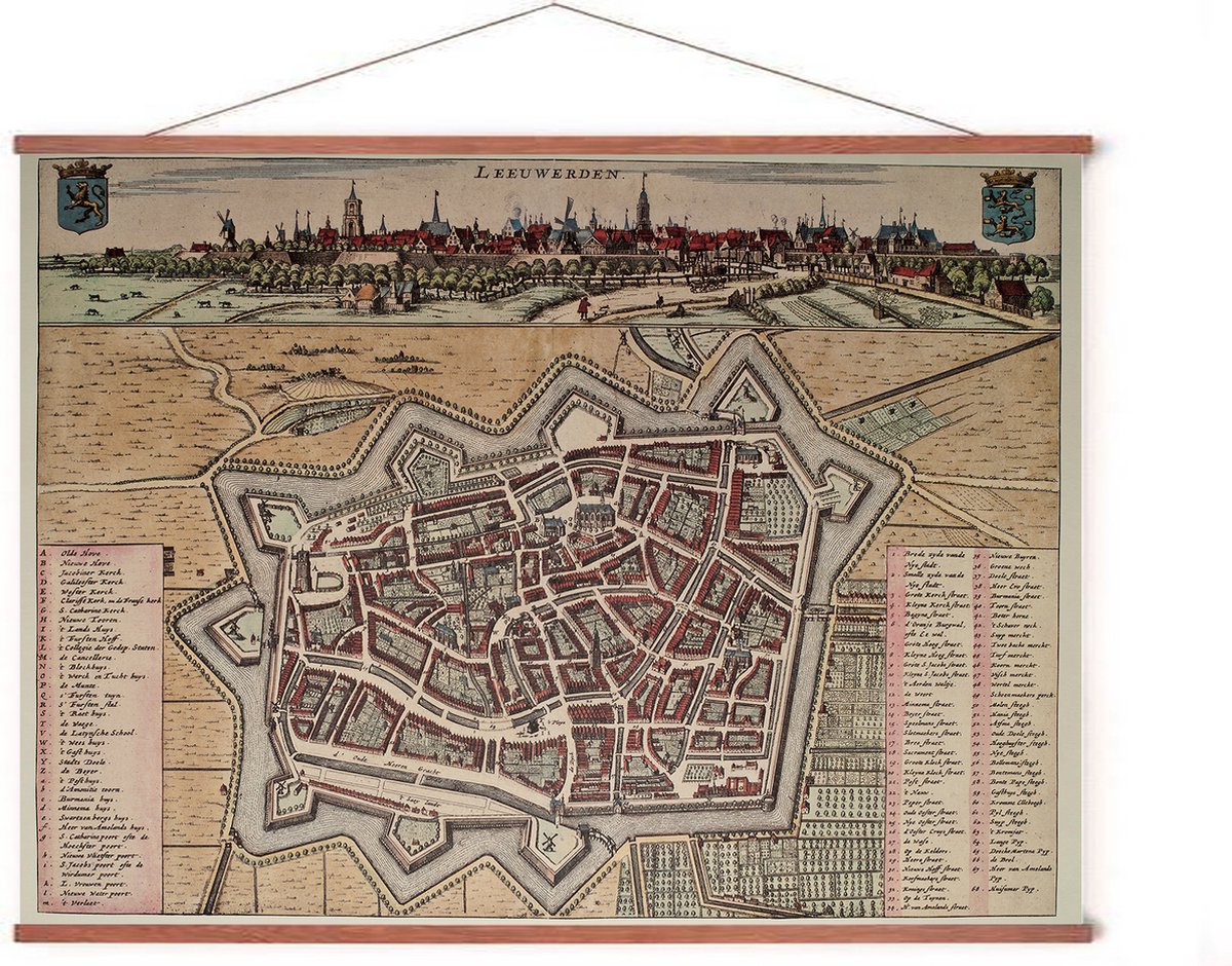 Esque Poster In Posterhanger - Historische Oude Kaart Leeuwarden - 50x70 cm - Kader Hout - Ophangsysteem - Plattegrond