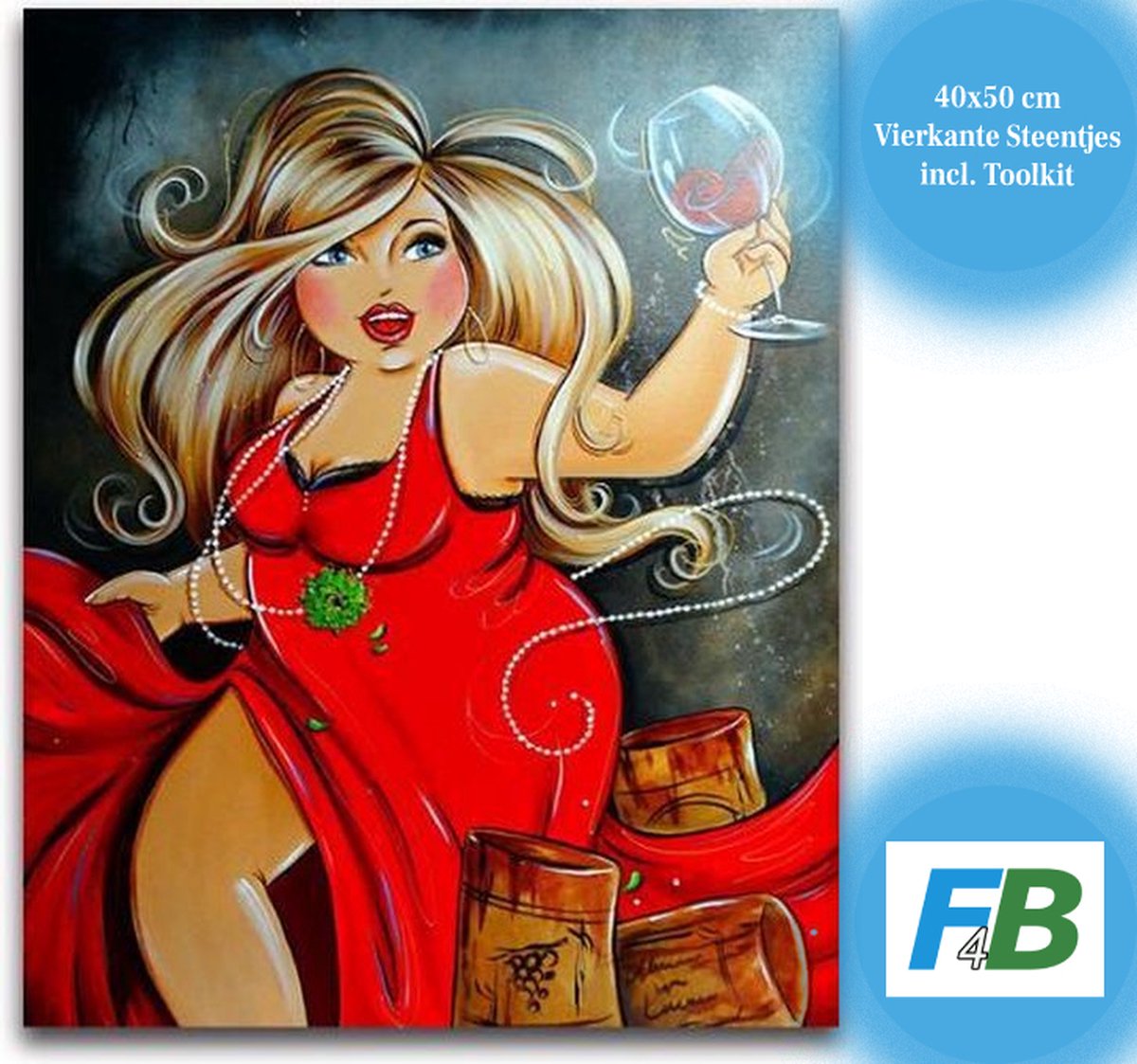 F4B Dikke Dames Rode Jurk Diamond Painting 40x50 cm | Vierkante Steentjes | Wijn | Uitgaan | Diamond Painting Pakket Volwassen | Volledig Dekkend