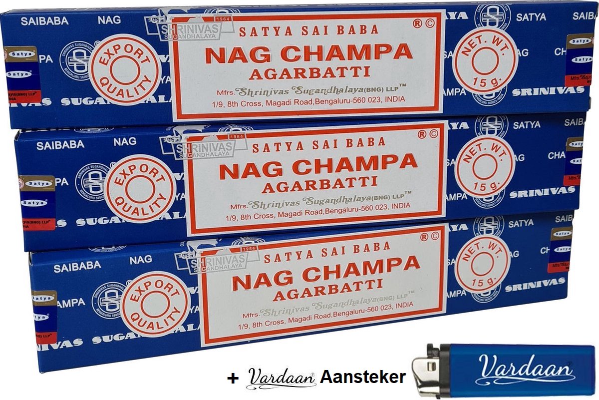 Satya Nag Champa Wierook - Agarbatti klassiek staafjes - Zoete & Aardse Geur - 3 x 15 gram - 3 stuks Wierookstokjes + Vardaan aansteker