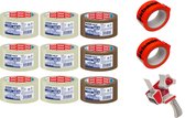 Tesa Verpakkingstape STRONG 66 m x 50 mm Transparant  +  Bruin +  breekbaar fragile tape + Tape Dispenser = Voordeel pakket ( 6+3+2 stuks)