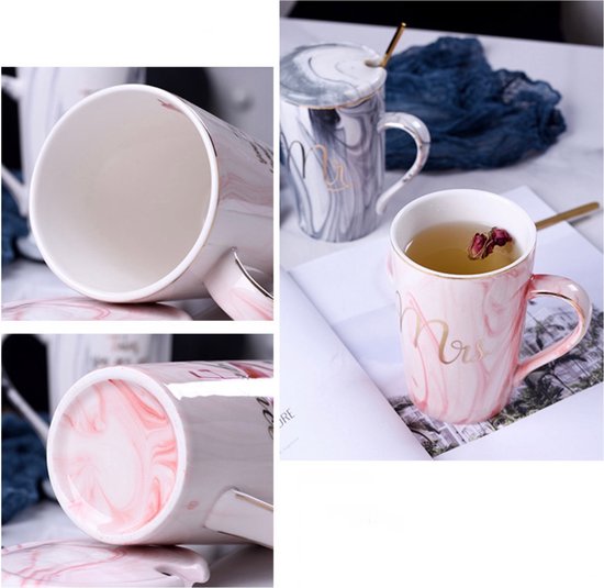 Set de 2 Mugs - Ensemble de mugs - Mug couple - Mug à café - Tasse à café - Tasse - Mugs et tasses - Tasse avec cuillère et couvercle - 400 ml - Céramique - Monsieur/Mme. - Blauw/rose