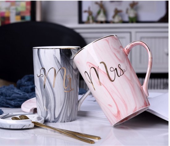 Set de 2 Mugs - Ensemble de mugs - Mug couple - Mug à café - Tasse à café - Tasse - Mugs et tasses - Tasse avec cuillère et couvercle - 400 ml - Céramique - Monsieur/Mme. - Blauw/rose