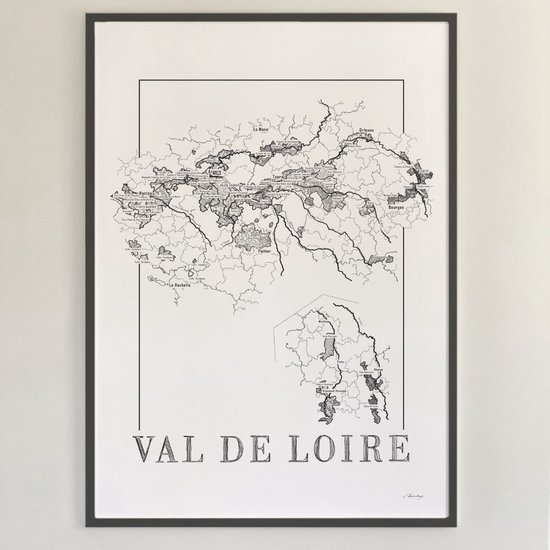 Carte des vins Val de Loire - France - Régions viticoles - Affiche Zwart et blanc