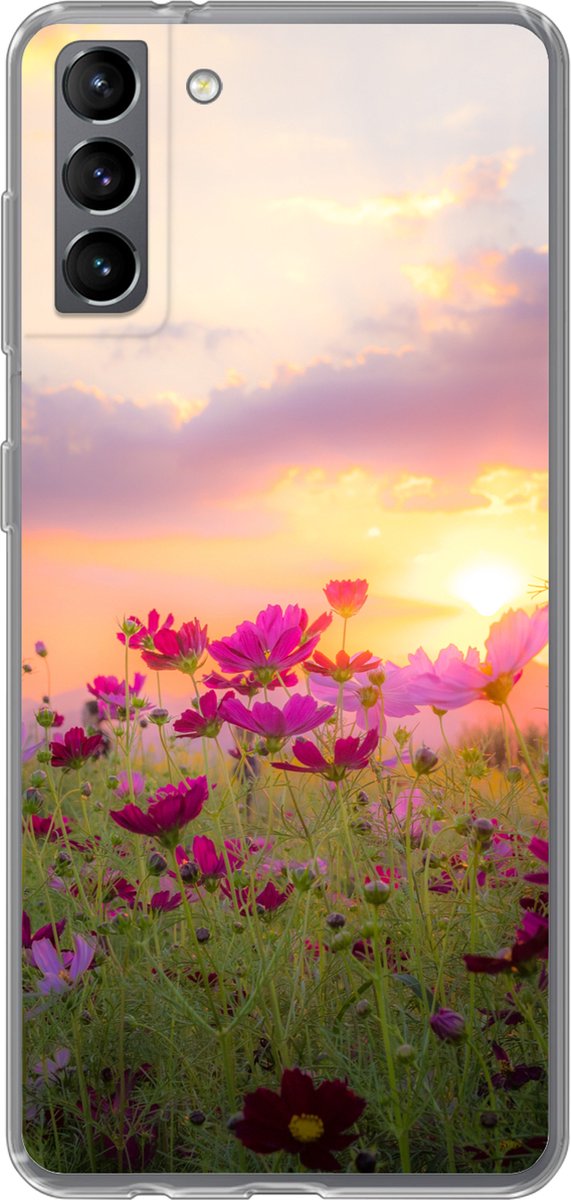 Samsung Galaxy S21 Plus hoesje - Zonsondergang - Bloemen - Roze - Natuur - Groen - Siliconen Telefoonhoesje - SleevesAndCases