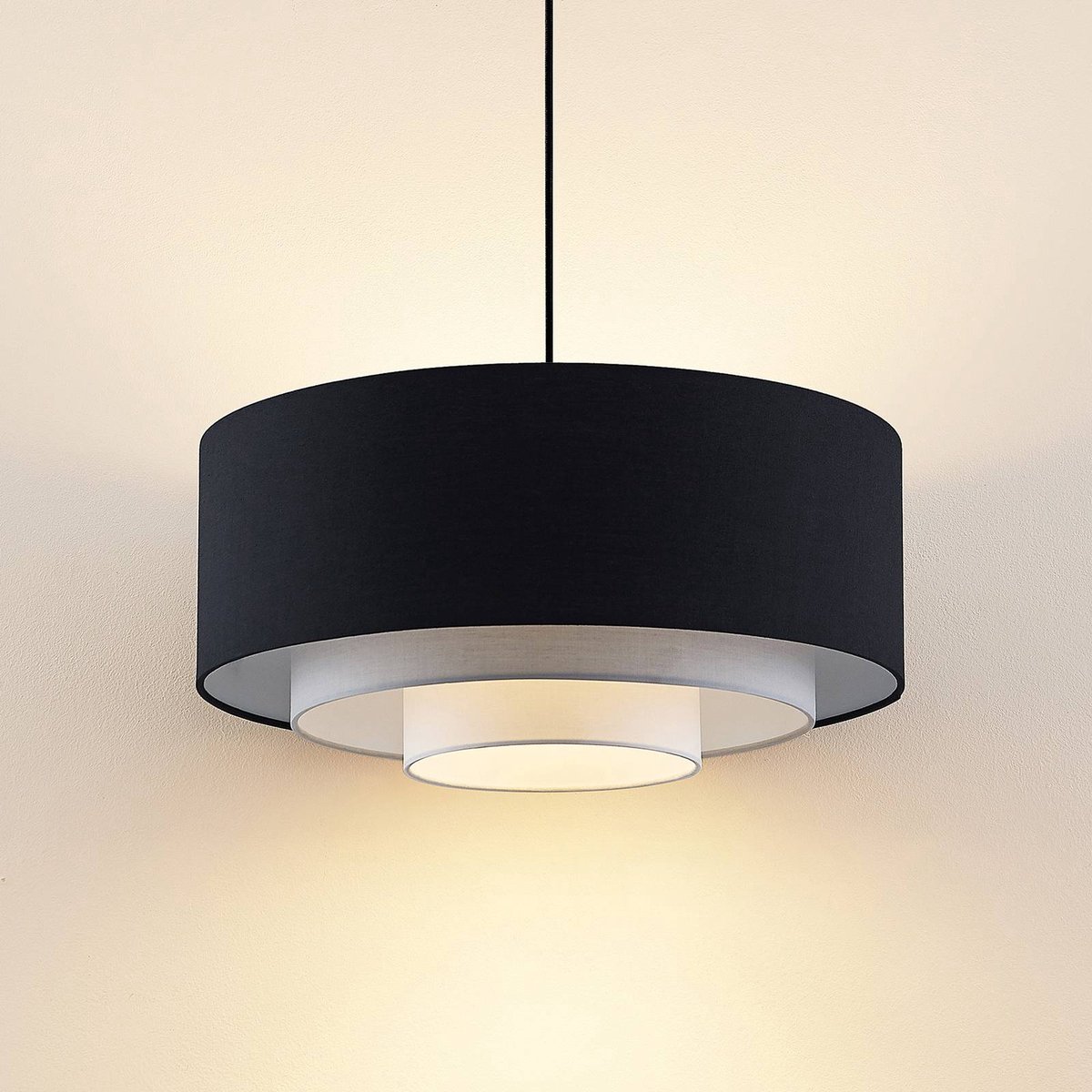 Lindby - Hanglamp - 1licht - stof, metaal - H: 23 cm - E27 - zwart, grijs, wit, gesatineerd nikkel