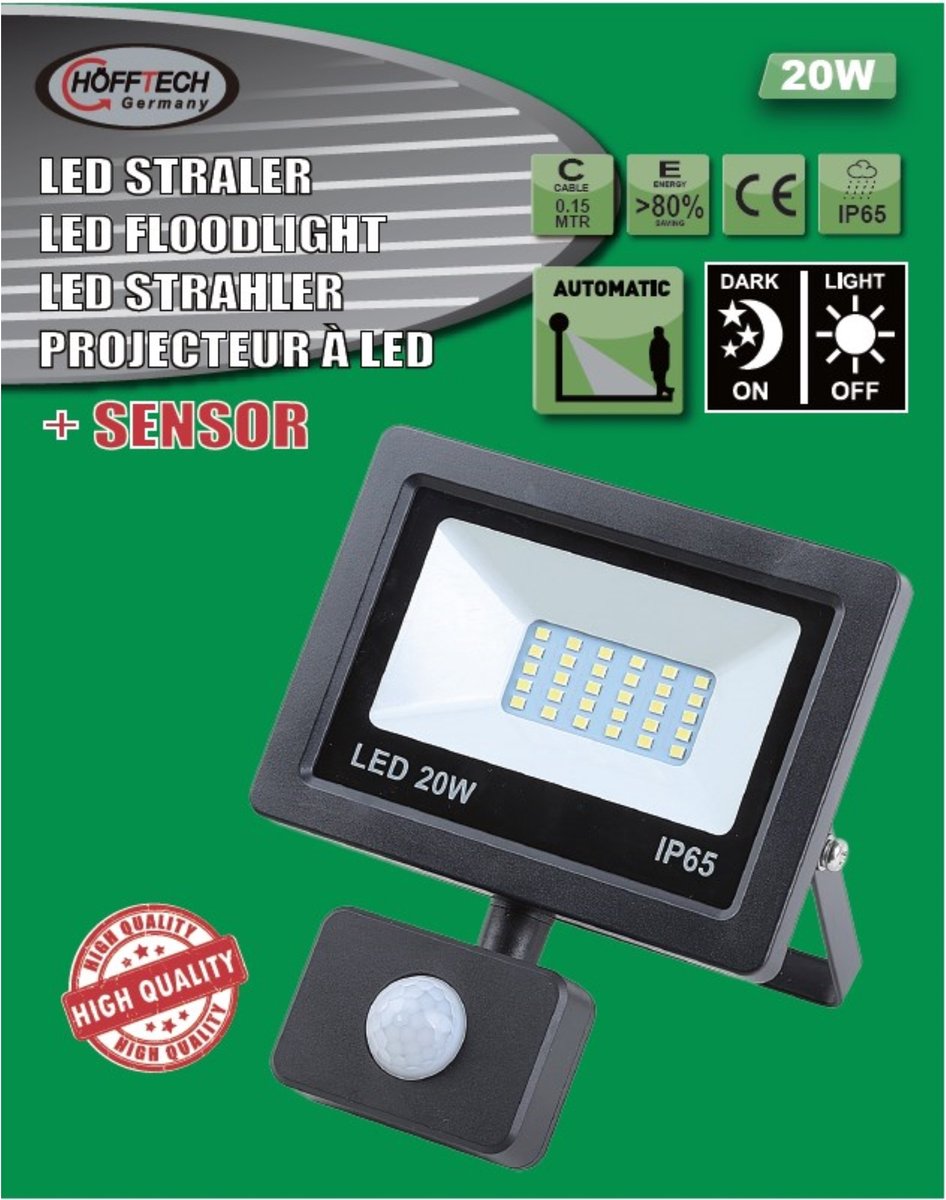 gek geworden Specimen leerling Hofftech LED Straler - Bouwlamp Smd met Sensor - 20 Watt - IP65 | bol.com