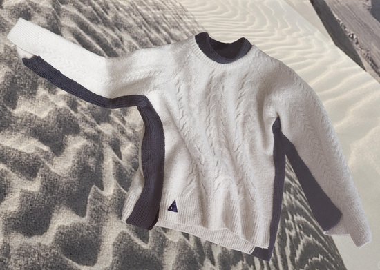 YELIZ YAKAR - Luxe Dames Trui-Sweater  “Sonoran” katoen rib kraag detail - creme en donkerblauwe kleuren mix  - wol / katoen - maat S/36 - designer kleding