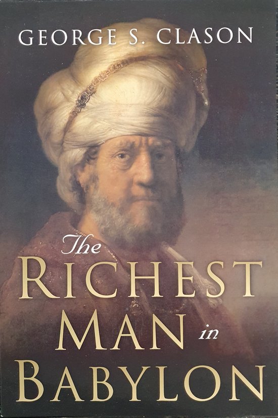 Couverture de livre avec un tableau d'un homme portant un turban et une barbe, titre 'The Richest Man in Babylon'.
