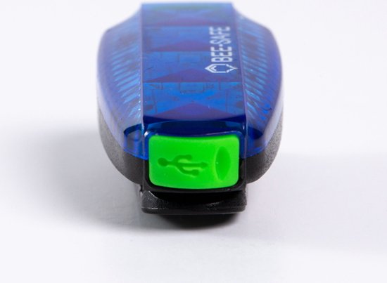 Blauwe BEE-SAFE LED clip-on lamp met groene USB-poort.
