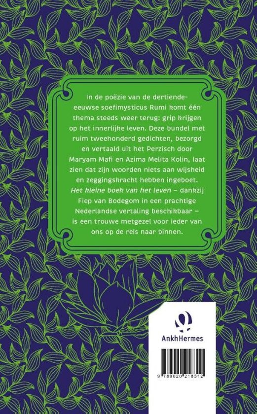 Rug van Het kleine boek van het leven door Rumi, met blauwe achtergrond met groene bladeren en tekst in een groen kader.