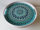 Mozaïek dienblad - serveerblad - rond - op pootjes - handgemaakt - doorsnede 38 cm - aqua blauw