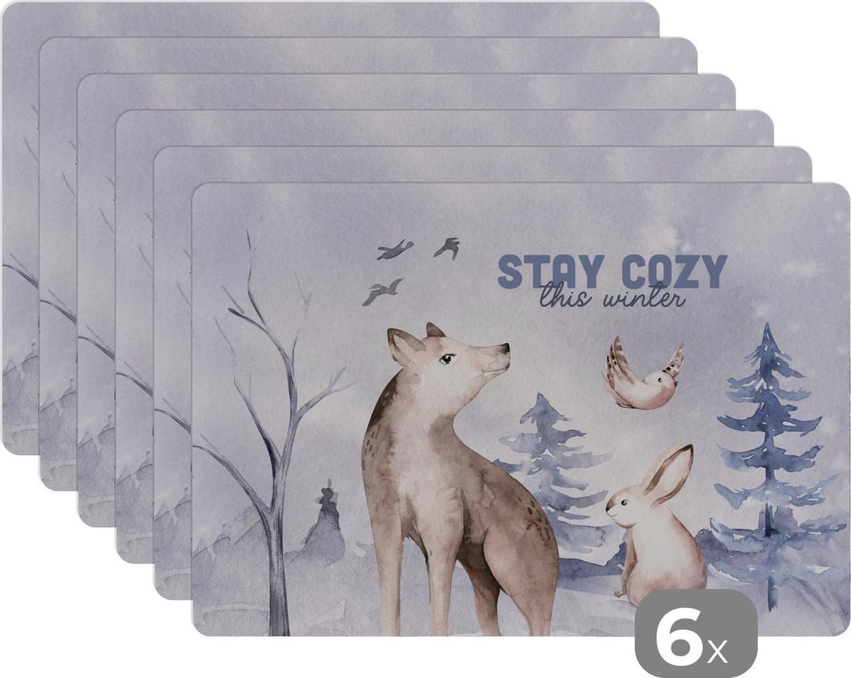 Placemat - Placemats kunststof - 45x30 cm - Winter - Wolf - Vogel - Konijn - 6 stuks - Borden onderleggers antislip - Tafel decoratie - Luxe tafelversiering - Tafelmat vinyl - Bord onderlegger - Tafeldecoratie accessoires