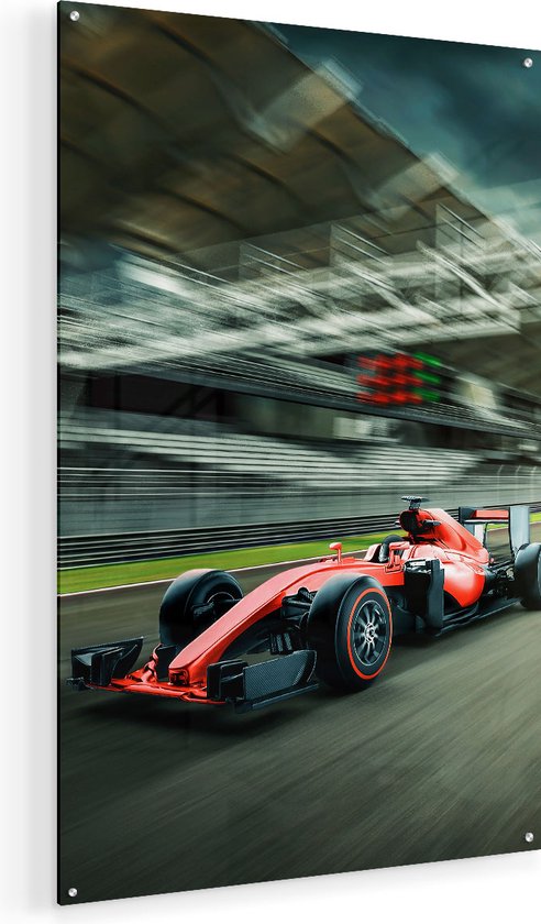 Artaza Glasschilderij - Formule 1 Auto bij de Finish in het Rood - 70x105 - Plexiglas Schilderij - Foto op Glas