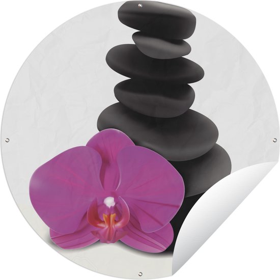 Tuincirkel Zen stenen naast orchidee - 120x120 cm - Ronde Tuinposter - Buiten XXL / Groot formaat!