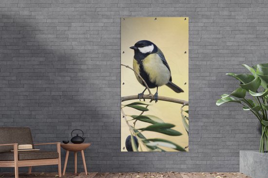 Décoration murale murale d'extérieur Vogel sur une branche avec une baie - 80x160 cm - Toile de jardin