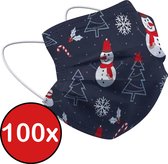 Mondkapje Kerst Wegwerp Mondmasker Mondkapjes Niet Medisch Universeel - Donker Blauw x Sneeuwpop - 100x