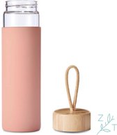ZijTak - Gourde - Gourde - Glas - Couvercle en Bamboe - Transparent - 450 ml - Manchon en silicone - Rose