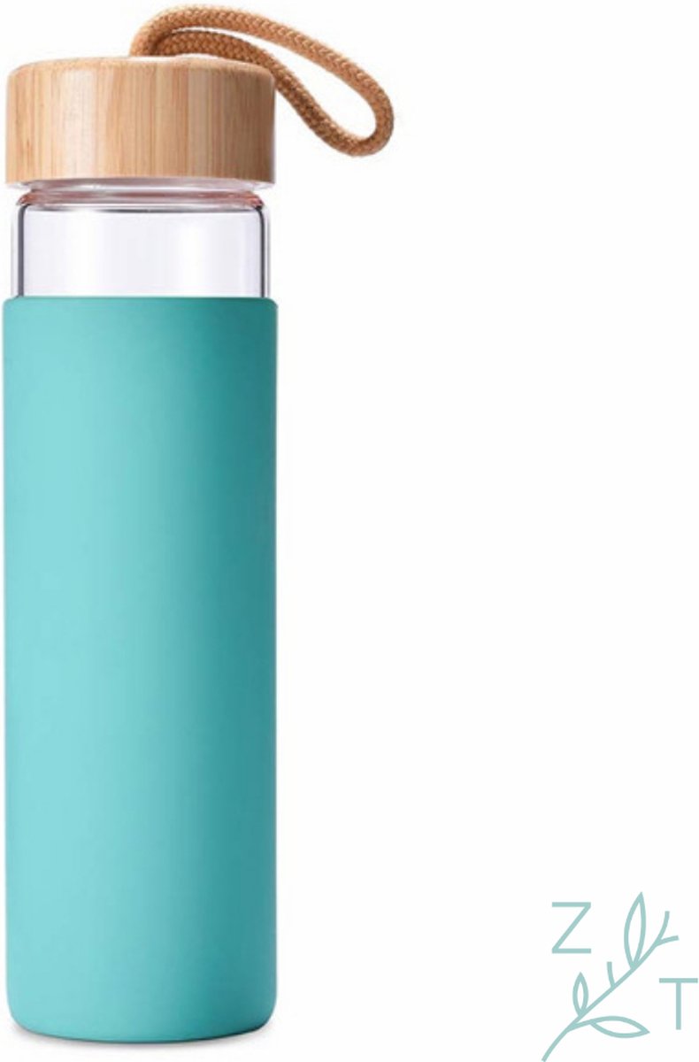 ZijTak - Drinkfles - Waterfles - Glas - Fles - Bamboe deksel - Transparant - 500 ml - 0.5 liter - Silicone Sleeve - Blauw Groen