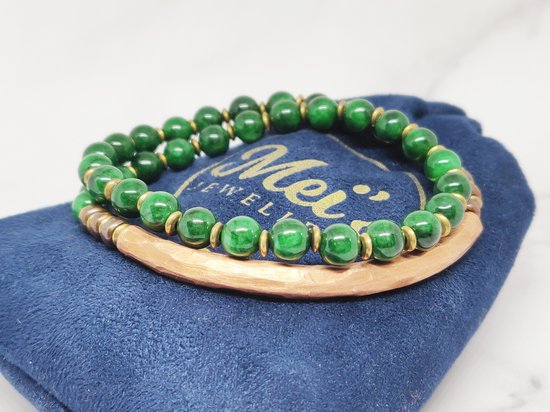 Mei's Tibetan Coppery Jade - Tibetaanse armband dames / wikkelarmband - Edelsteen / Afrikaanse Jade / Koper - polsmaat 16 cm - groen