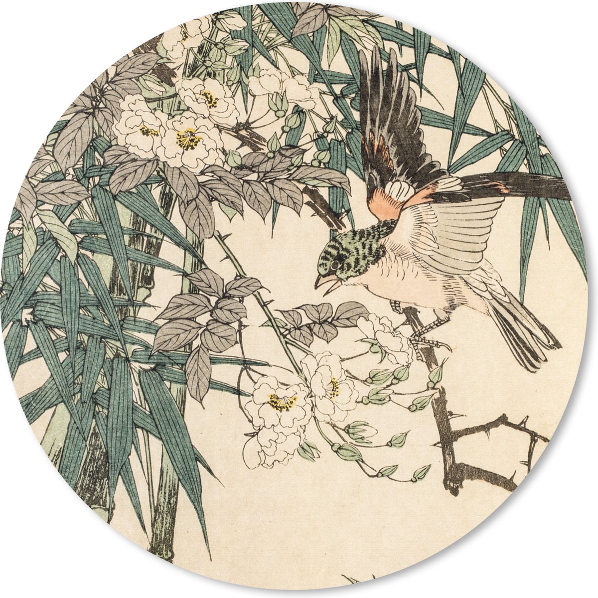 Muismat rond 20x20 cm - Mousepad Rode vogel in de bamboe - Ronde muismatten