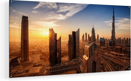 Artaza Glasschilderij - Dubai Stad bij Zonsopgang - Plexiglas Schilderij - Foto op Glas