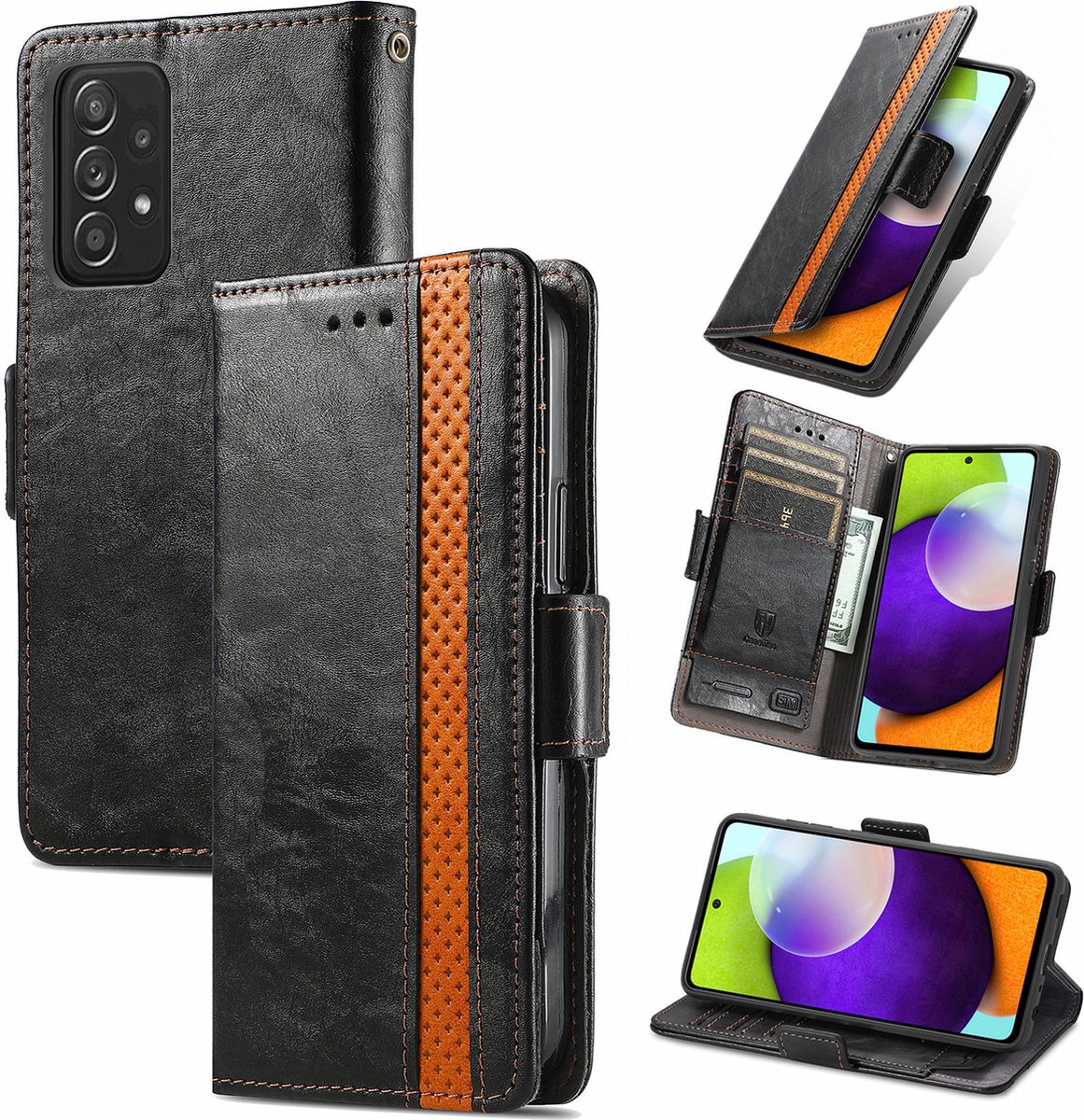 Stijlvol Tweekleurig PU-leer Wallet Flip Case + PMMA Screenprotector voor Galaxy A52 (4G/5G) _ Zwart