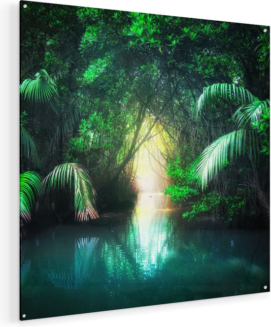 Artaza Glasschilderij - Tropische Jungle Met Een Turquoise Meer - Plexiglas Schilderij - Foto op Glas