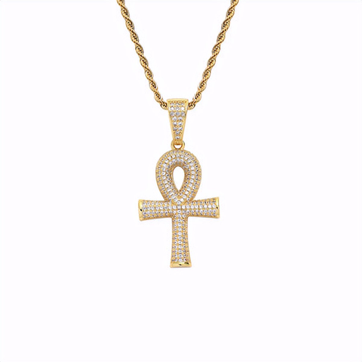 ICYBOY 18K Heren Ketting met Religieus Egyptisch Kruis / Ankh Verguld Goud [GOLD-PLATED] [ICED OUT] [24 INCH - 61CM] - Religious Egypt Ankh Cross Pendant Necklace