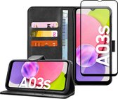 Samsung A03s - Bookcase Portemonnee Hoes Zwart + Samsung A03s Screen Protector Full Cover Glas