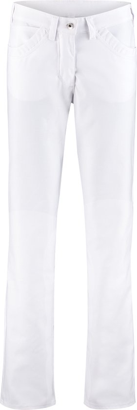 Witte werkbroek met steekzakken aan de voorkant en een knoop- en ritssluiting.
