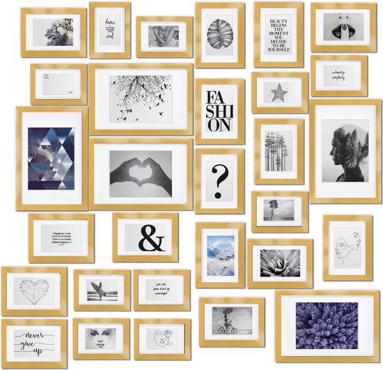 bomoe Emotion Set van 30 Fotolijsten Houten Frames - kunststof glas - 10x 10,5x15cm / 15x 13x18cm / 5x 20x30cm - Metalen Ophanging - Standaard & Passepartout - Goud