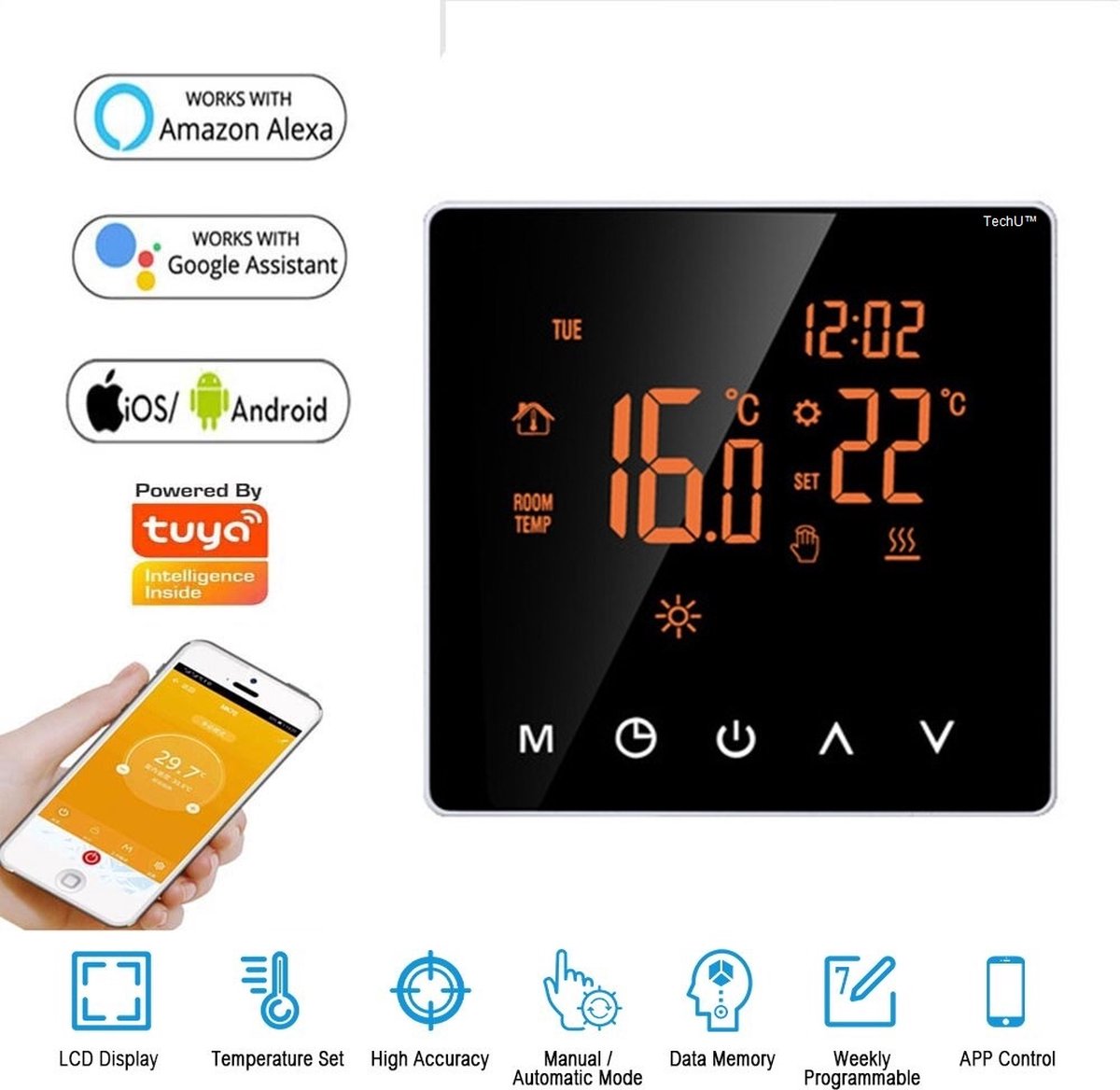 TechU™ Slimme Thermostaat Limit – Zwart – Alleen voor Elektrische Vloerverwarming – App & Wifi – Google Assistant & Amazon Alexa – IFTTT thumbnail 4