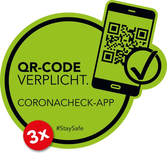 Sticker QR code verplicht - CoronaCheck-app - 14cm x 14cm - Verplaatsbaar - Groen/Zwart - Set van 3 raamstickers