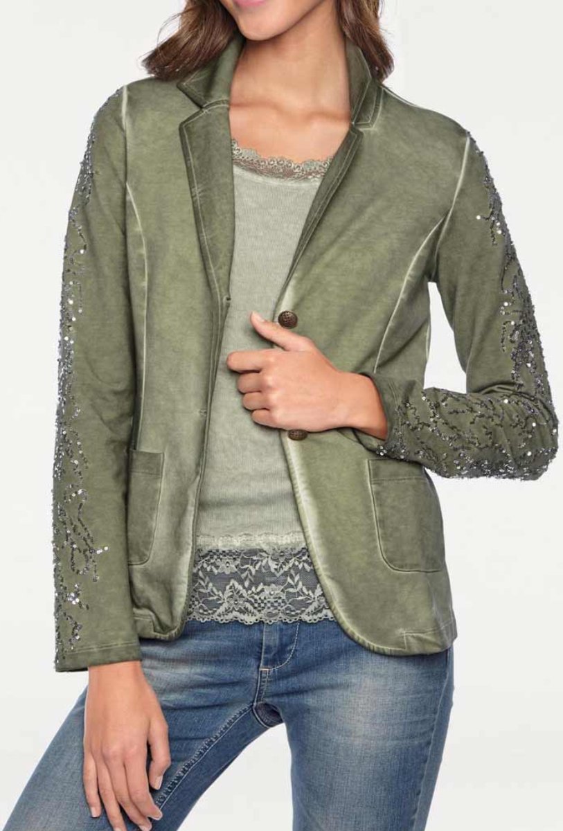 Linea Tesini Designer Sweetblazer met Pailetten Olijfkleurig Maat 36