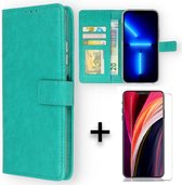 iPhone 13 Mini Hoesje Turquoise & Glazen Screenprotector - Portemonnee Book Case - Kaarthouder & Magneetlipje