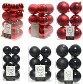 Kerstversiering kunststof kerstballen kleuren mix zwart/rood 4-6-8 cm pakket van 68x stuks