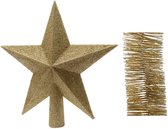 Kerstversiering kunststof glitter ster piek 19 cm en glitter folieslingers pakket goud van 3x stuks - Kerstboomversiering